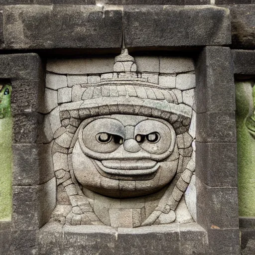 Image similar to bas - relief about pepe the frog on borobudur wall