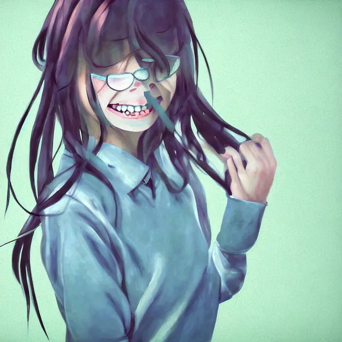 Image similar to nice quality and nice everything painting of a nice portrait of the popular girl at the psych ward laughing at the viewer, the style is like Watamote rendered with 3D effect.