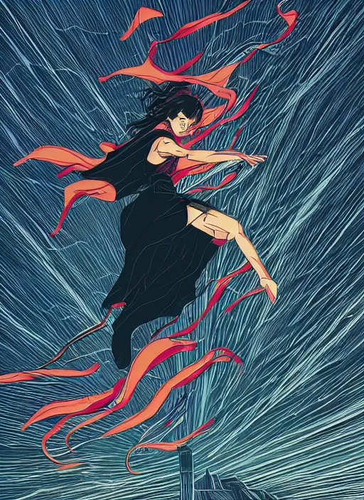 Image similar to illustration of a woman flying through the air, leaving a trail of strips of cloth, black hair wearing black clothes and cape made of long strips of fabric, medieval town landscape, trending on artstation, by dan mumford, yusuke murata, makoto shinkai, ross tran, josan gonzalez, cel shaded, flat colors