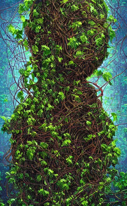 Image similar to a person trapped in extremely thick vines intertwined, central composition, high saturation, epic lighting, in the style of Peter gric and Hannah yata 8k
