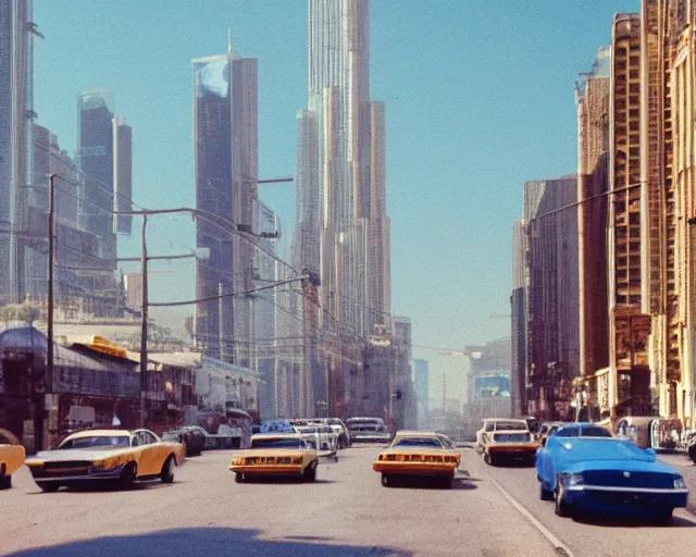 Prompt: a group of cars driving down a street next to tall buildings, a matte painting by andrey yefimovich martynov, pixiv, superflat, streetscape, anamorphic lens flare, photo taken with ektachrome