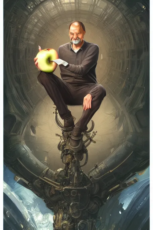 Image similar to ultra realistic illustration, steve jobs sitting on a giant apple, sci - fi, fantasy, intricate, elegant, highly detailed, digital painting, artstation, concept art, smooth, sharp focus, illustration, art by artgerm and greg rutkowski and alphonse mucha