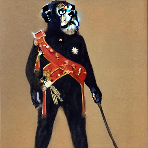 Image similar to An exquisite modern painting of a chimpanzee dressed like a bearded Napoleon with correct military uniform, no frames