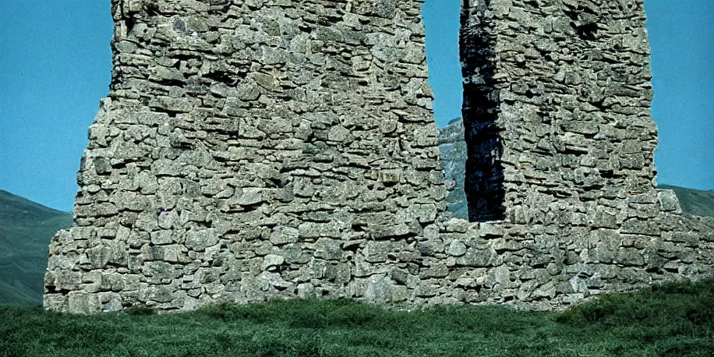 Image similar to A full color still from a Stanley Kubrick film featuring a a large black tower made of stone in a green valley, 35mm, 1975