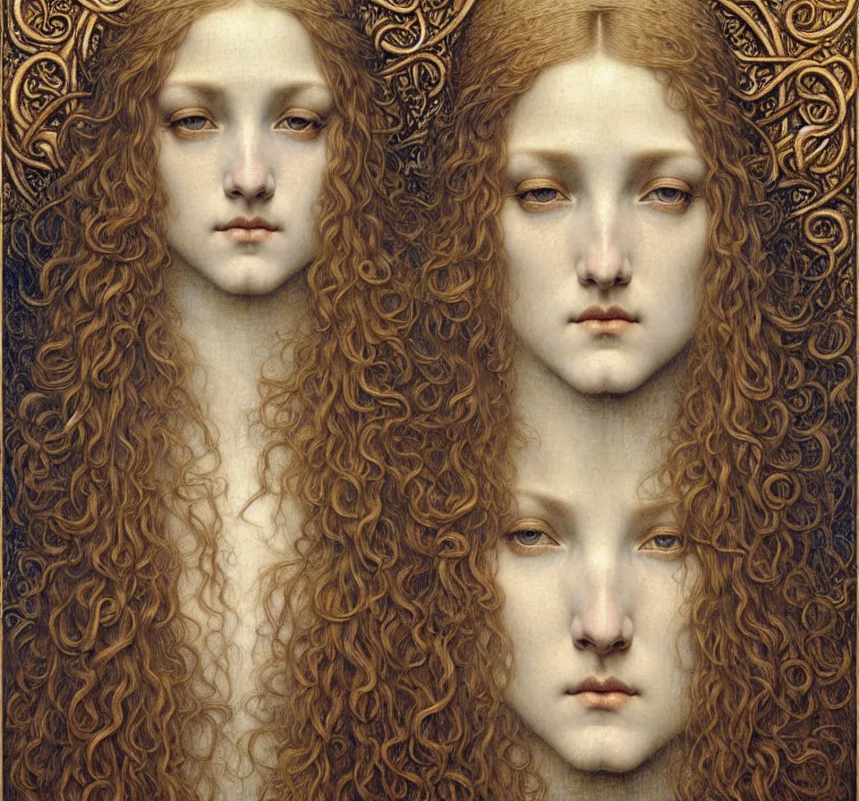 Image similar to detailed realistic beautiful young medieval queen face portrait by jean delville, gustave dore and marco mazzoni, art nouveau, symbolist, visionary, gothic, pre - raphaelite. horizontal symmetry