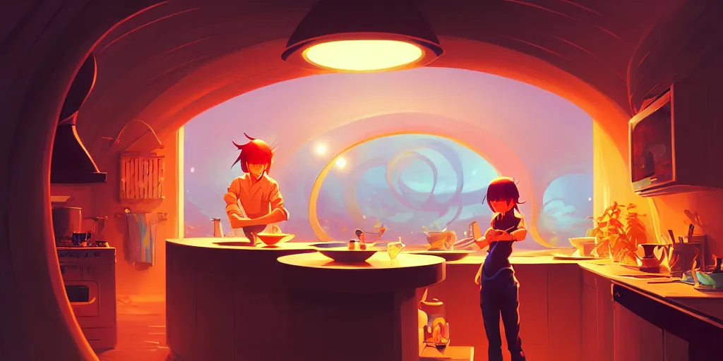 Prompt: naive nerikomi, weird perspective, extra narrow, detailed illustration of a kitchen lit by flashlight in a scenic spiral environment by jesper ejsing, by rhads and makoto shinkai and lois van baarle and ilya kuvshinov and rossdraws