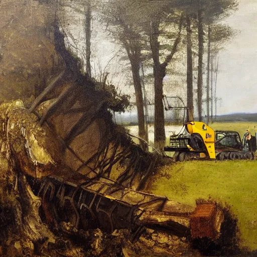 Prompt: gustave courbet painting of rob cross tearing down a forest in a jcb digger