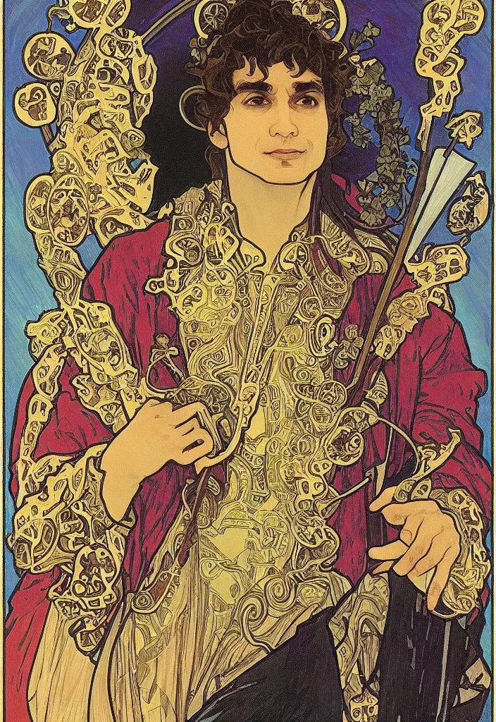 Image similar to Yoshua Bengio as the emperor on a tarot card, tarot in art style by Alphonse Mucha