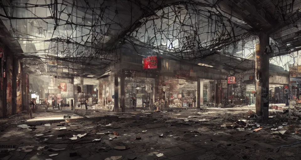 Image similar to photo realistic!! a rundown mall interior with hanging wires and graffiti, very detailed, dramatic lighting, various rubble is on the ground, slightly smokey, artstation, unreal engine