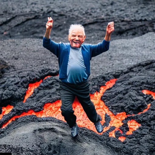 Image similar to elderly man jumping over a lava flow, jump, stunt, volcano, hot, eruption, magma, lava, canon eos r 3, f / 1. 4, iso 2 0 0, 1 / 1 6 0 s, 8 k, raw, unedited, symmetrical balance, wide angle