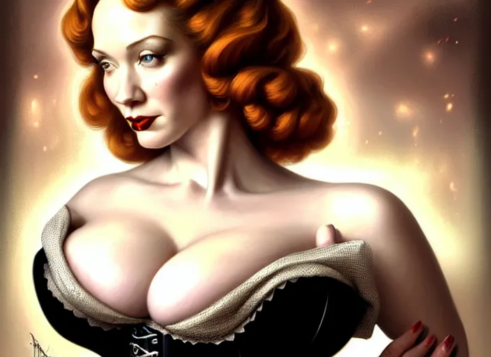 Image similar to portrait shot of christina hendricks during ww 2 wearing a corset, clothed, intricate, elegant, highly detailed, centered, digital painting, artstation, concept art, smooth, sharp focus, illustration, artgerm, tomasz alen kopera, peter mohrbacher, donato giancola, joseph christian leyendecker, wlop, boris vallejo