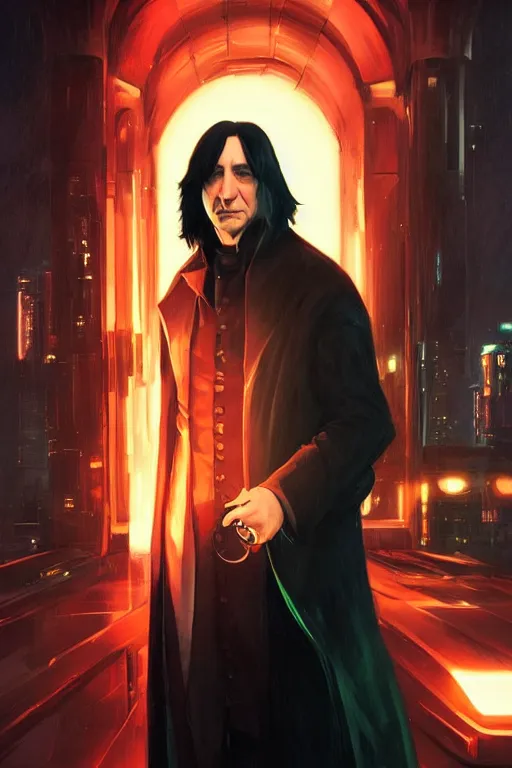 Prompt: portrait of severus snape in cyberpunk, neon lighting, night city, digital art from artstation by Ruan Jia and Mandy Jurgens and Artgerm and william-adolphe bouguereau and Greg Rutkowski