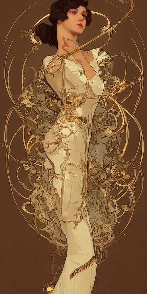 Prompt: beauty art nouveau woman, ivory and gold robotic, trending on artstation, by WLOP,Artgerm,Greg Rutkowski,Alphonse Mucha