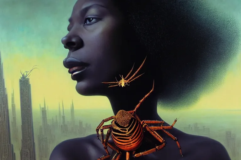 Image similar to realistic detailed portrait movie shot of a beautiful black woman with a giant spider, dystopian city landscape background by denis villeneuve, amano, yves tanguy, alphonse mucha, max ernst, kehinde wiley, jean delville, david lynch, roger dean, cyber necklace, rich moody colours, sci fi patterns, dramatic, wide angle