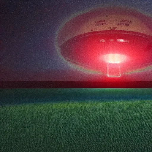 Prompt: digital art painting of a UFO glowing with red green and blue lights above an empty corn field at night, mysterious, sci fi, alien, extraterrestrial, trending on artstation cgsociety,