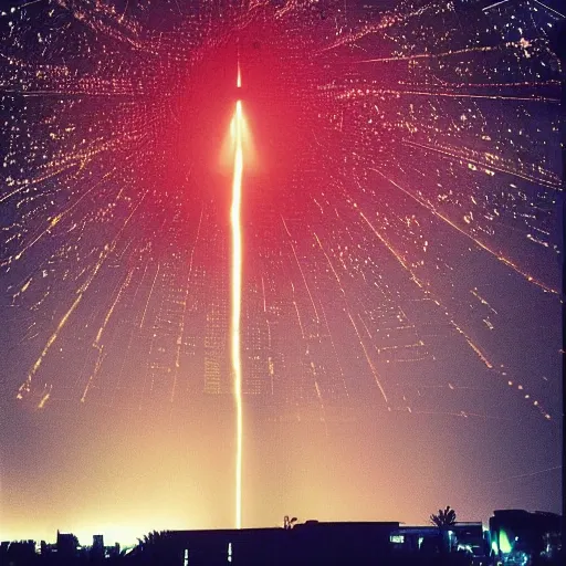 Image similar to “a failed ICBM missile launch at night. The missile is spiraling 🌀 out of control and exploding spectacularly. The sky is raining down glowing burning pieces of debris. The smoke is intense.”