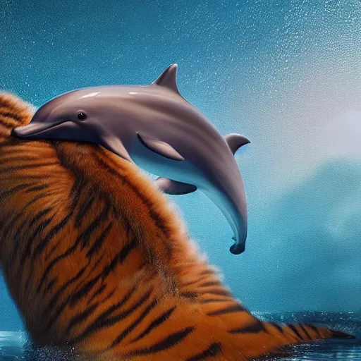 Prompt: A furry dolphin with tiger stripes, dramatic lighting, cinematic, establishing shot, extremely high detail, foto realistic, cinematic lighting, post processed, concept art, high details, cinematic, 8k resolution, beautiful detailed, photorealistic, digital painting, artstation, concept art, smooth, sharp focus, artstation trending, octane render, unreal engine