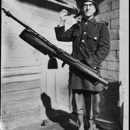 Prompt: old wartime photograph of john lennon holding a lewis gun, 1 9 1 7