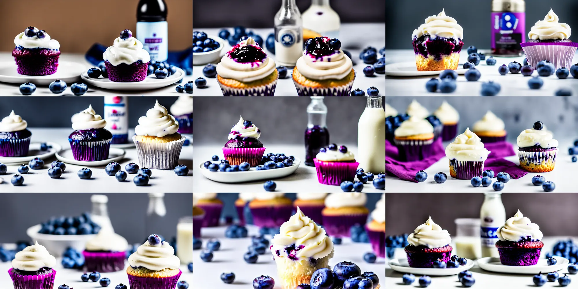 Prompt: dslr food photograp of a blueberry cupcake white creme topping and a bottle of blueberry sauce on the side, 8 5 mm f 1. 8