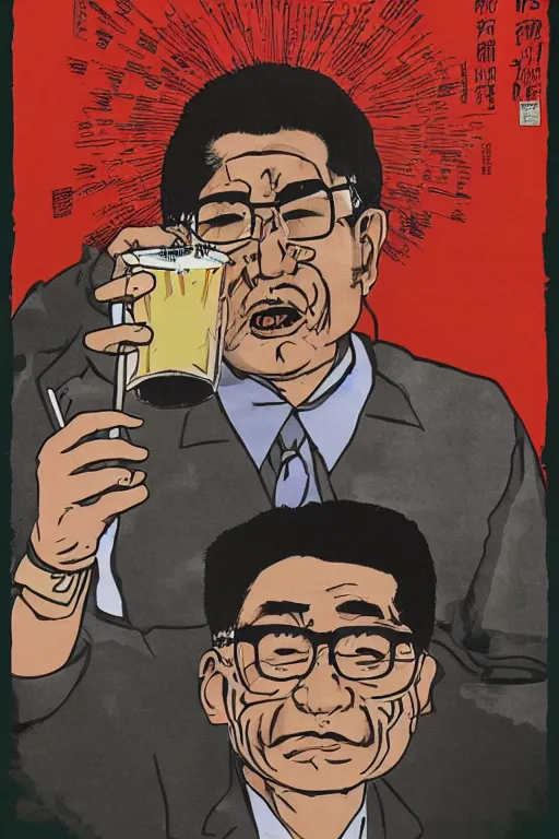 Image similar to worker revolution drinking beer and fried chicken through his head, wang guangyi and yu zhenli art style, higly detailed