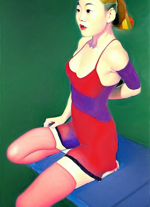 Image similar to oil painting of an asian annasophia robb in a learning uniform wearing stockings, teaching you a lesson in a void room full of existential horror painted by Bryan Lee O'Malley and Edward Hopper, John Singer Sargant, inspired by paintings of Francis Bacon and melting color palette of Mark Rothko