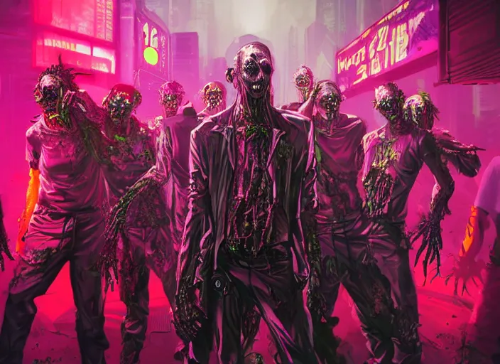 Image similar to neo-futuristic cyberpunk undead zombie men at a neon rave, by kelley jones, cyberhorror-punk, stunning, horror art, dark tones, #film, cgsociety, scary, creepy, wow, artstation, 8k, high gloss::Horror, ultra detailed, character art, concept art, DnD art, cinematic detailed, nightmare machine, godmachine, trending on artstation, unreal engine 5 rendering, cinematic, greig fraser cinematography, epic composition