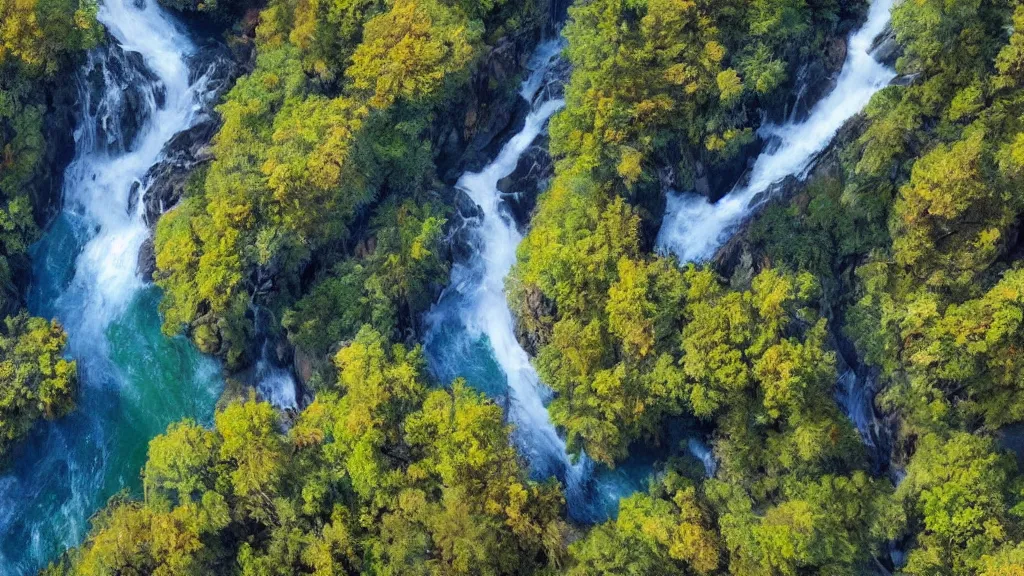 Image similar to The most beautiful panoramic landscape, oil painting, where a giant dreamy waterfall creates a river, the trees around are starting to bloom in a variety of colors, by Greg Rutkowski, aerial view