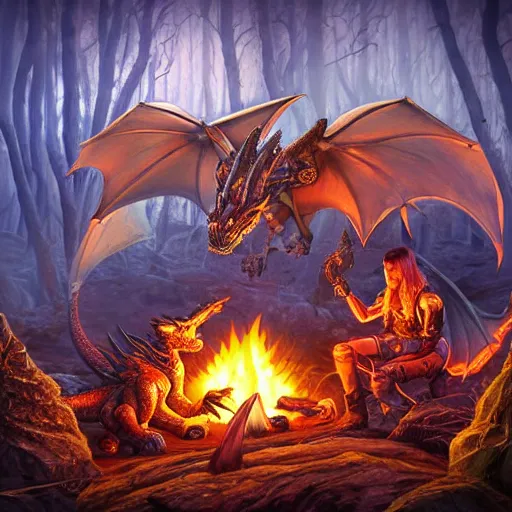 Image similar to power metal album cover, dragons bbq near campfire, fire, magic, fantasy epic legends game icon stylized digital illustration radiating a glowing aura global illumination ray tracing hdr fanart arstation by ian pesty and katarzyna da „ bek - chmiel