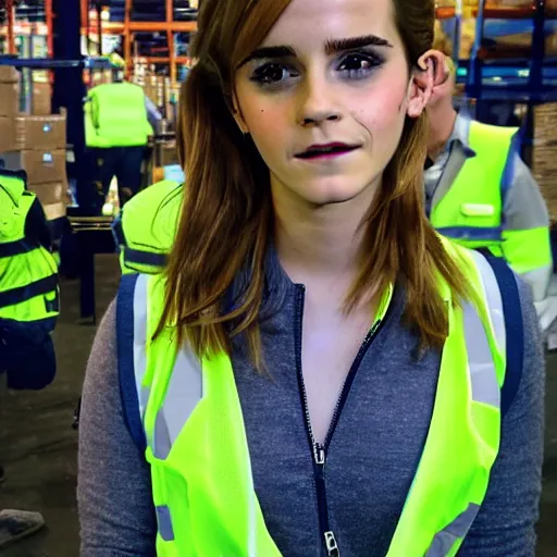 Image similar to photo, close up, emma watson in a hi vis vest, in warehouse, concerned expression, android cameraphone, snapchat story screenshot, 2 6 mm,