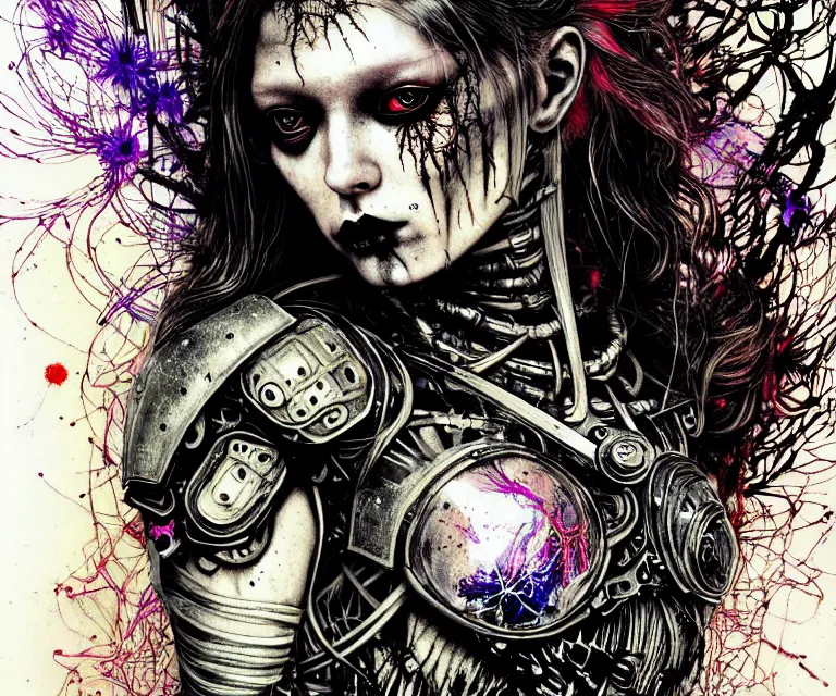 Image similar to gothic mute hybrid cyborg warrior girl, cybor clothes shaping the universe, freedom fighter, eerie, cinematic, epic, 8 k, ultra realistic, rendered by awesomeness. | a psychedelic apocalypse, illustration by albrecht durer, concept art in style of carne griffiths artwork by xsullo. | backround of beautiful floweres floatingby elson, peter kemp, peter