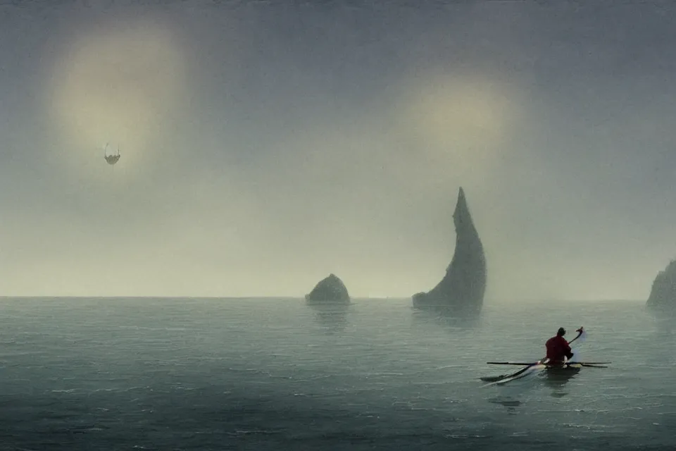 Image similar to lone fisherman rowing towards his giant seashell shaped fortress, in the style of john harris and moebius