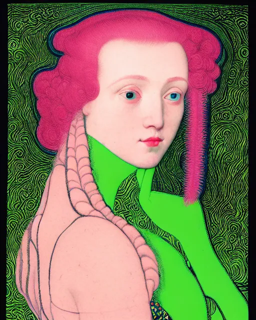 Prompt: portrait of a young pale woman with pink hair, wearing a neon green dress, intricate details, super-flat, in the style of James Jean, Jean Auguste Dominique Ingres, Gustav Klimt, black background