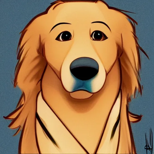 Image similar to golden retriever character shocked, pixar, disney, zootopia, up, concept art, sketch, trending on artstation, graphic novel, childrens illustrated storybook, by alphonse mucha and cory loftis and matthias lechner