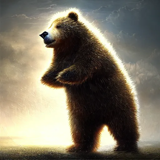 Image similar to cinematic shot of a fluffy bear wanting a hug rainny casper david friedrich raphael lacoste vladimir kush leis royo bruce pennington volumetric light effect broad light oil painting painting fantasy art style sci - fi art style realism artwork unreal engine