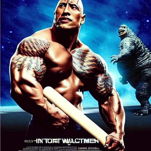 Prompt: movie poster of dwayne johnson with a baseball bat fighting godzilla outside a space station