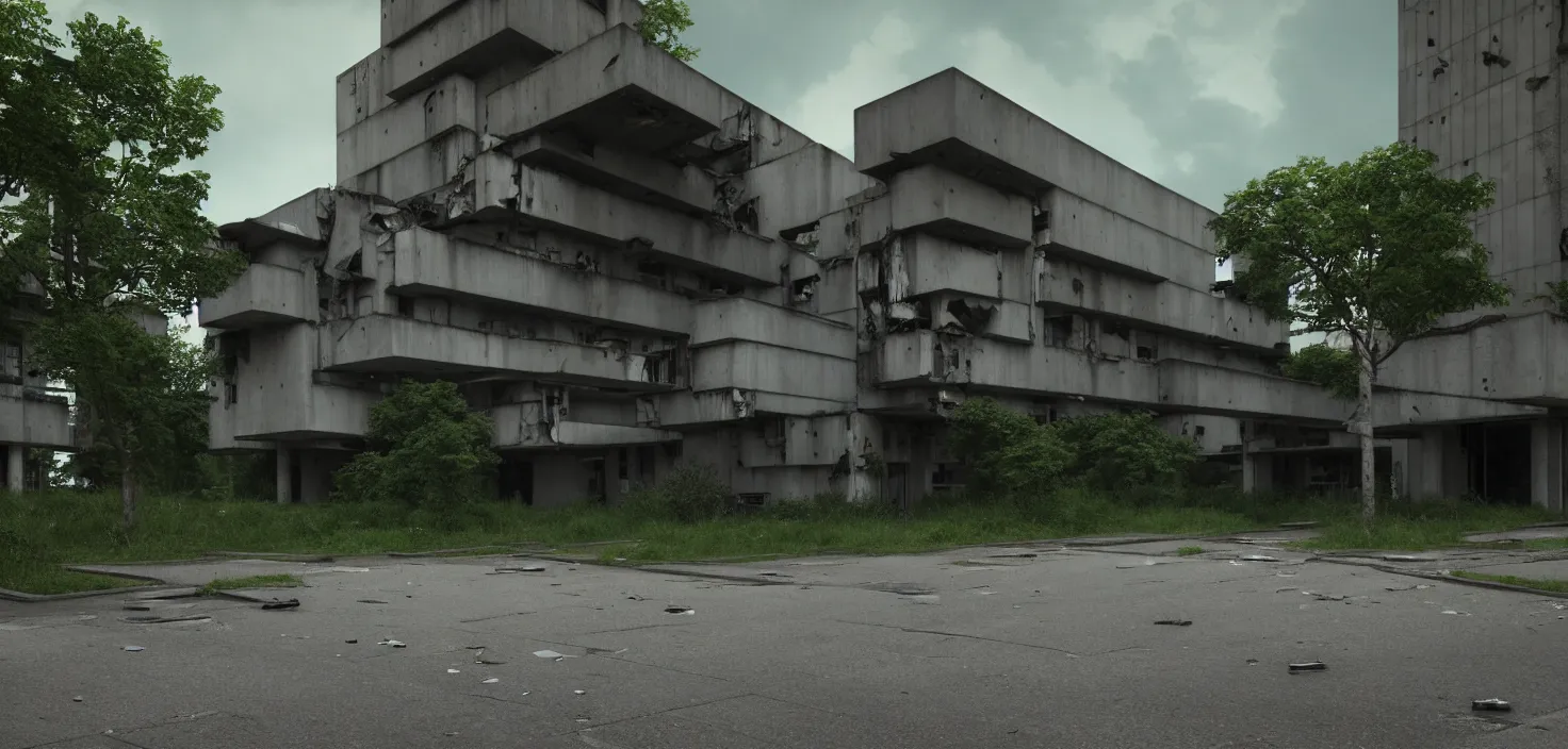 Prompt: a street view of brutalist architecture by Le Corbusier, abandoned arts center, empty streetscapes, surrounded by lush green vegetation, ground-level view, natural volumetric lighting, sunset, rusted steel, solid concrete, glass, stunning skies, scattered rubbish and debris, 8k, photorealistic, hyper detailed, unreal engine 5, IMAX quality, cinematic quality, beautifully illustrated, sharp focus, minimal artifacts, from DOOM, by Greg Rutkowski, trending on Artstation