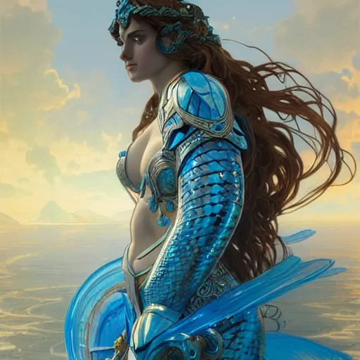 Image similar to a goddess of water wearing blue armor, with arms and hair turning into water, fantasy, intricate, elegant, highly detailed, digital painting, artstation, concept art, wallpaper, smooth, sharp focus, illustration, art by artgerm and greg rutkowski and alphonse mucha