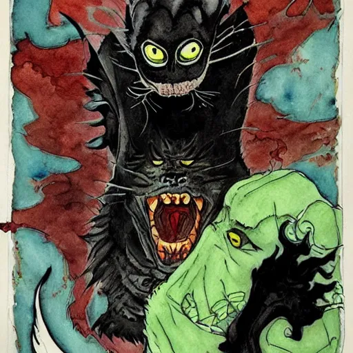 Image similar to dracula cat from the black lagoon watercolor geoff darrow style