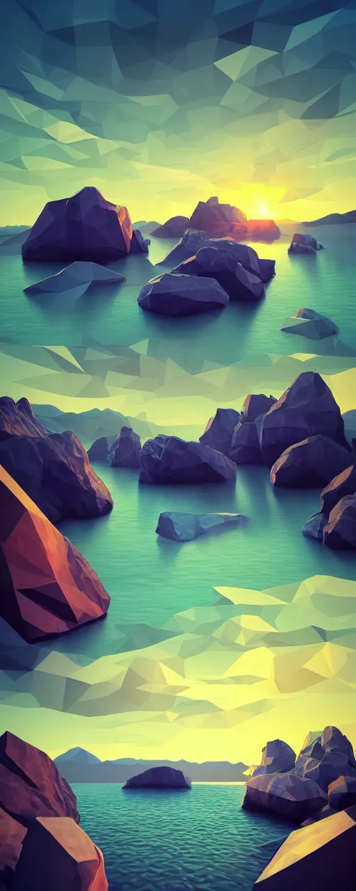 Image similar to super detailed color lowpoly art, northern sunset with rocks on front, monochrome photorealistic bay in the middle of perspective and mountains at background, big graphic ship in the middle of composition, unreal engine, high contrast color palette, 3 d render, lowpoly, colorful, digital art, perspective, robb cobb