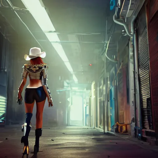 Image similar to beautiful female cyborg wearing cowboy hat walking in art deco cyberpunk alley, brilliant long green hair, glowing golden eyes, wearing long trench coat, bright silver revolvers in holsters, dynamic dramatic golden moody lighting, volumetric lighting, shadows,cinematic atmosphere,Artstation, hyperrealistic 3D digital art,Octane render,8K 4K UHD image