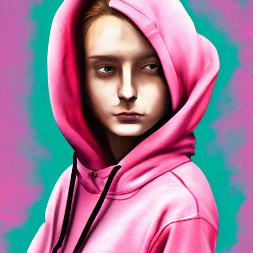 Prompt: highly detailed digital romantic painted portrait of a beautiful woman wearing a hoodie. moody and melanchony. sharp lighting. has a bit of cyan and pink.