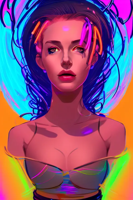 Image similar to a award winning portrait of a beautiful woman with stunning eyes in a one off shoulder crop top and cargo pants with rainbow colored hair, outlined by whirling illuminated neon lines and fine lines swirling in circles by greg tocchini, digital art, trending on artstation