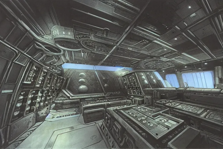 Prompt: interior of a space ship by giger with cryogenic pods, volumetric lighting, atmospheric