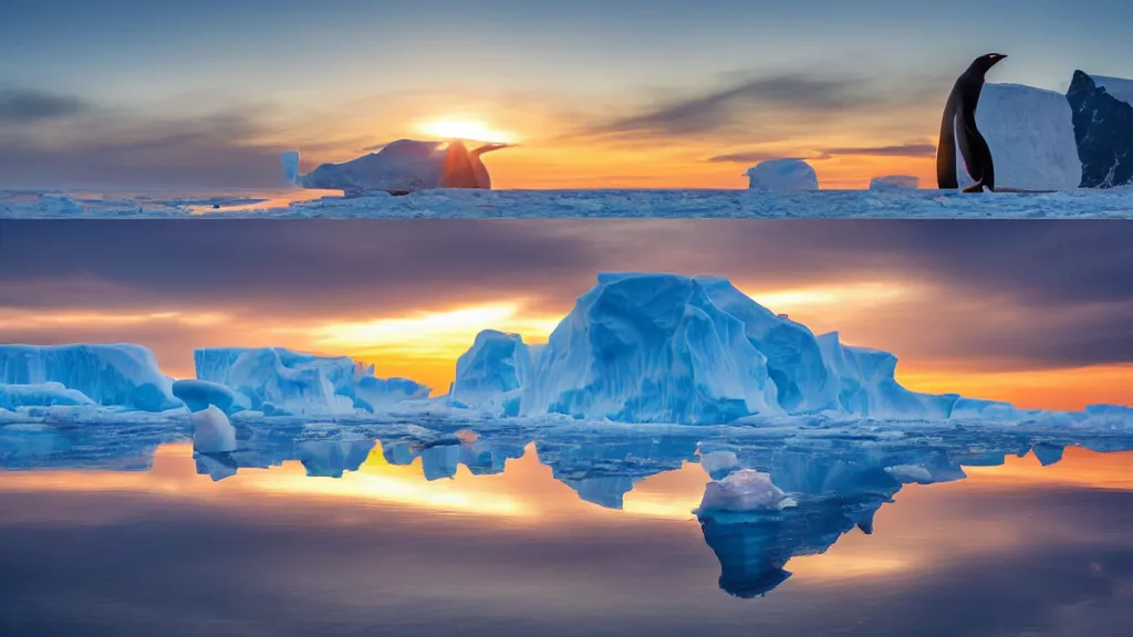 Image similar to photo of the most beautiful panoramic landscape, where a giant iceberg is lost in middle of the artic ocean, a giant penguin is exhaling steam while walking over the iceberg, there is nothing else, the artic ocean is reflecting the giant penguin over the iceberg and the ray lights of the sunset are brightening him, award winning photo, minimal style, by frans lanting