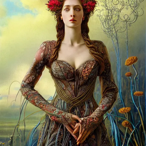 Image similar to facial portrait of a young pretty woman in flowing dress, arrogant, mysterious, long fine flowing hair, delicate, looking at camera, slightly awkward smile, realistic face, hands behind back, intricate, stylish, elegant, grimdark fantasy, flowers, extremely detailed painting by Gerald Brom and Ernst Haeckel and Greg Rutkowski