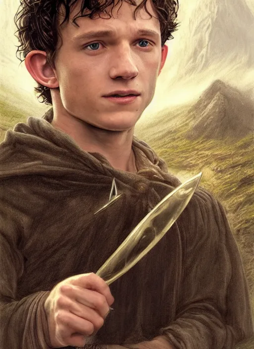 Image similar to portrait of tom holland as frodo, hobbit holding a gold ring with engravings, by alan lee, lord of the rings, smooth, detailed terrain, oil painting, matte painting, concept art, trending on artstation, promotional artwork, film still, elegant, photorealistic facial features, intricate, detailed face, cinematic lighting