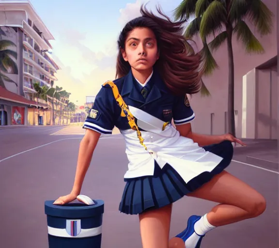 Prompt: portrait of an Italian Mexican teen female schoolgirl wearing a navy and white sepuku uniform and jumping outside a green trashbin in Kalakaua avenue in Waikiki by James Jean, intricate, elegant, highly detailed, centered, digital painting, artstation, concept art, smooth, sharp focus, illustration, by Peter Mohrbacher, WLOP