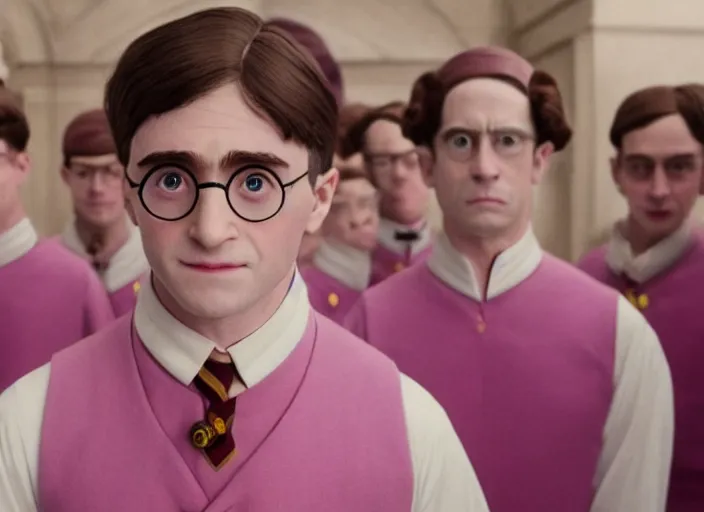 Image similar to a film still of cosplay of harry potter in the grand budapest hotel ( 2 0 1 4 ), 4 k