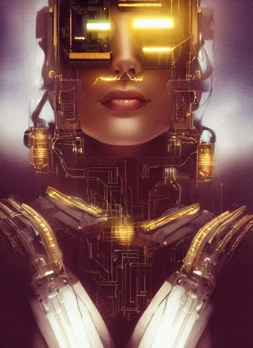 Image similar to Kodak Portra 400, 8K, soft light, volumetric lighting, highly detailed, britt marling style 3/4 ,portrait photo of a beautiful cyborg woman with gold , cyberpunk,sci-fi, fantasy, intricate, elegant, highly detailed, digital painting, artstation, concept art, smooth, sharp focus, illustration, art by artgerm and greg rutkowski and alphonse mucha