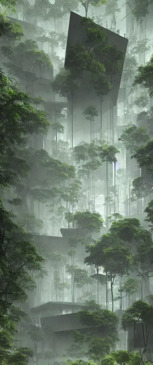 Prompt: brutalist architecture inspired by louis kahn deep in the rainforest. nature is taking over. matte painting by thu berchs. concept art. color scheme dark green and dark yellow. mist. cinematic.